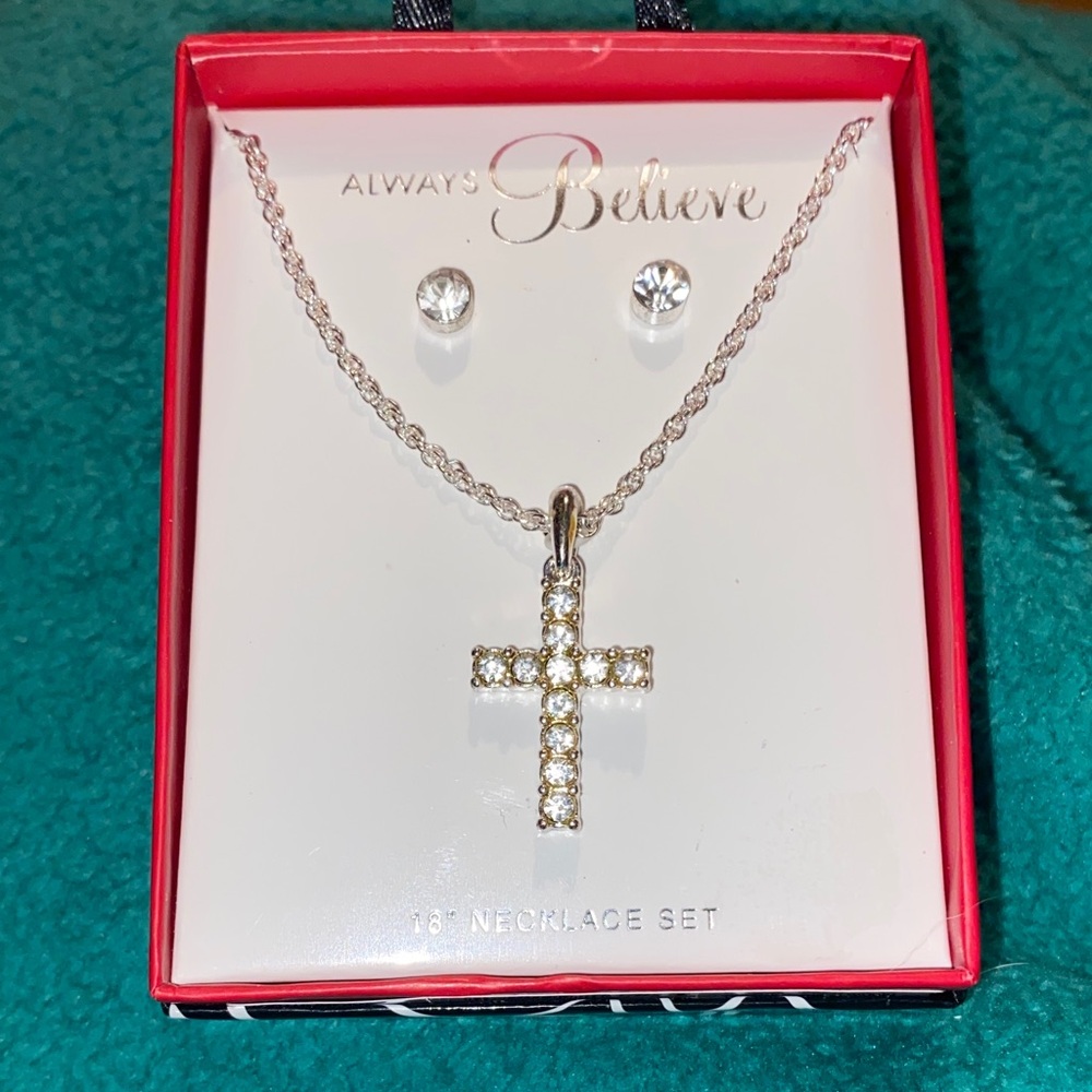 Macy's Silver Cross Necklace and Earring Set